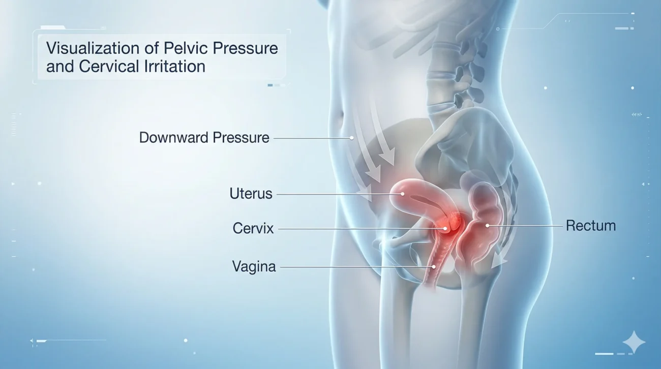Diagram showing vaginal bleeding after bowel movement caused by pelvic pressure and cervix irritation