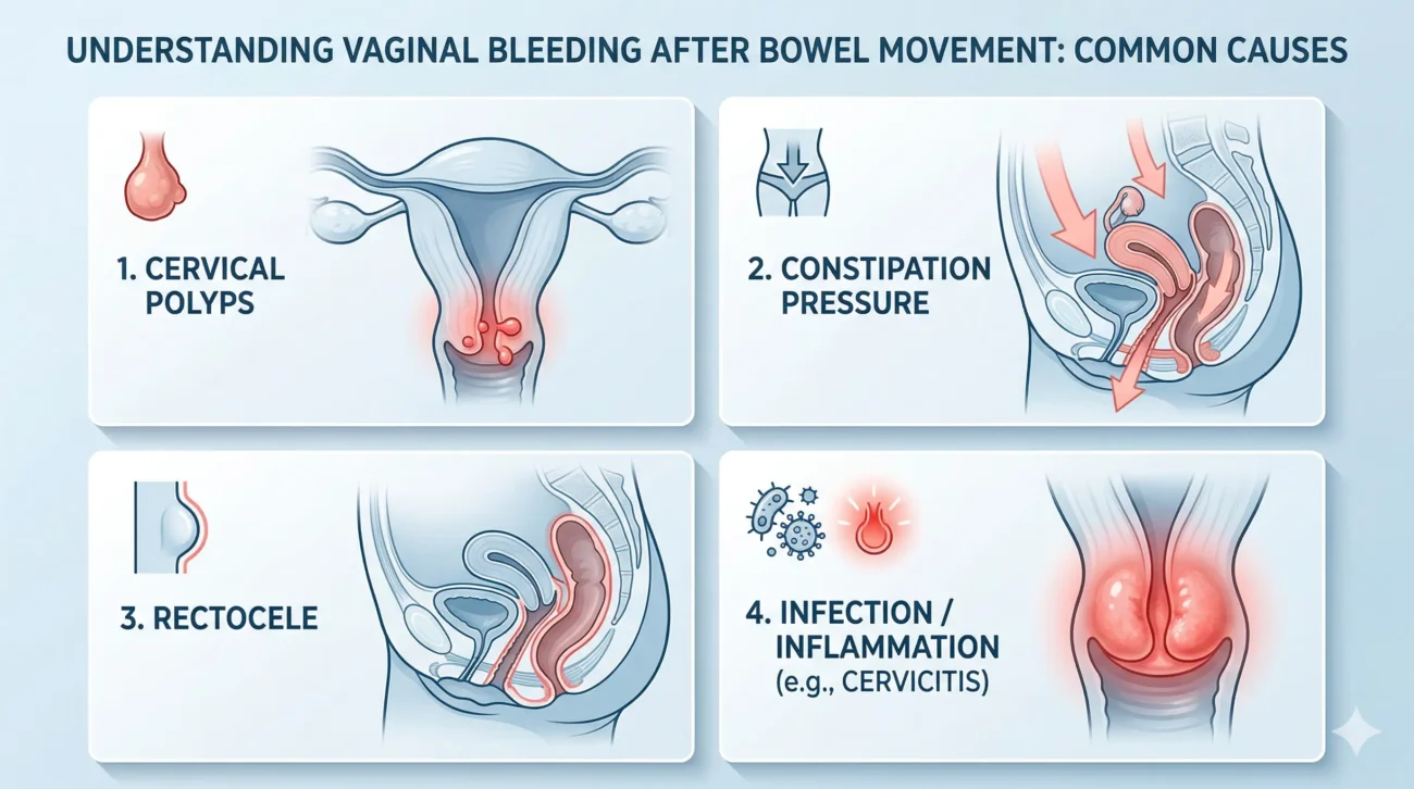 Medical infographic showing causes of vaginal bleeding after bowel movement such as constipation, cervical polyps, rectocele, and infections