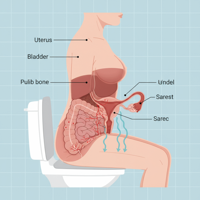 Cross-sectional medical diagram of pelvic anatomy illustrating the proximity of organs