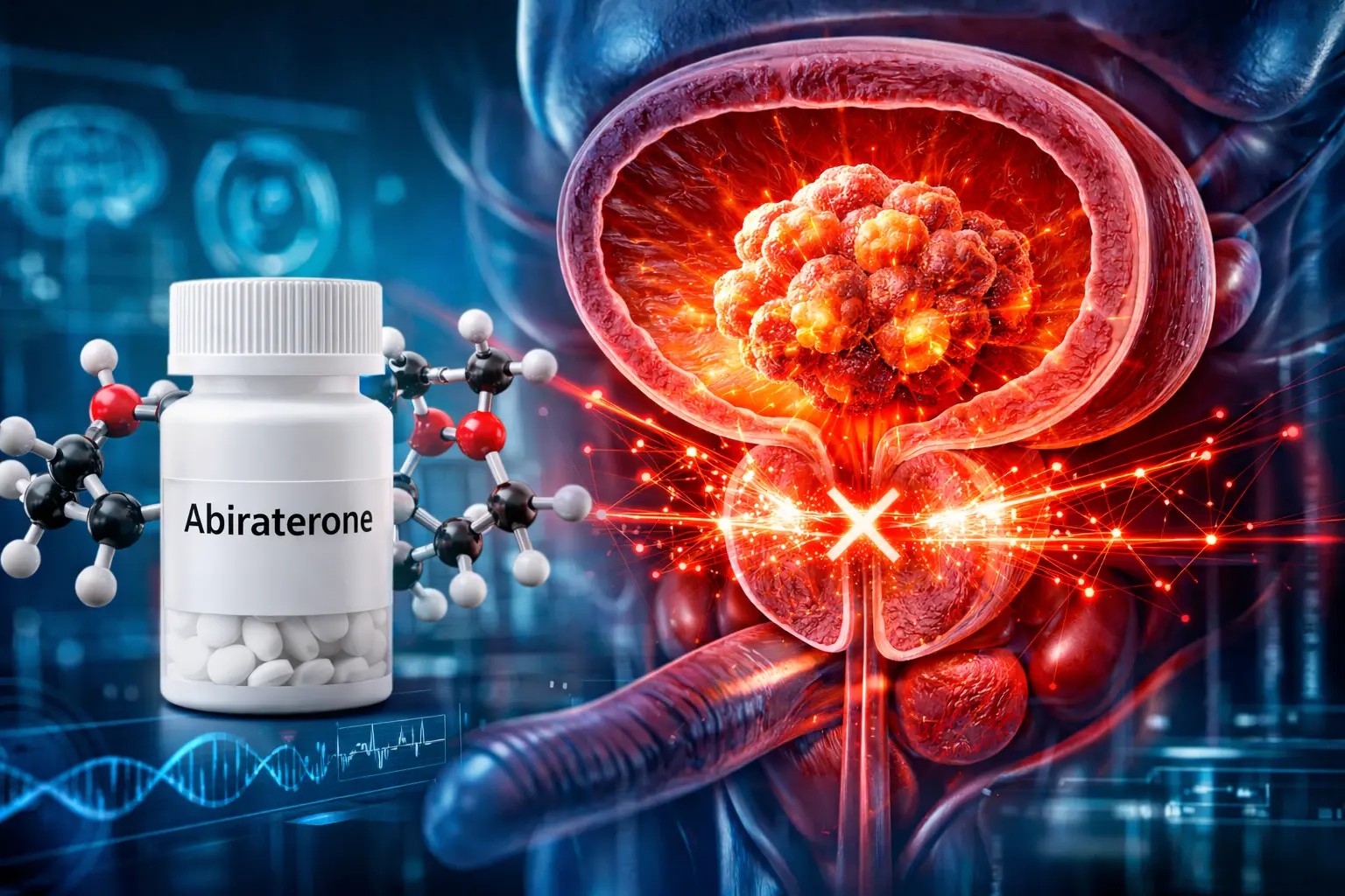 3D medical illustration of prostate cancer anatomy showing androgen receptor pathway blocked by Abiraterone Acetate molecule in advanced metastatic prostate cancer treatment