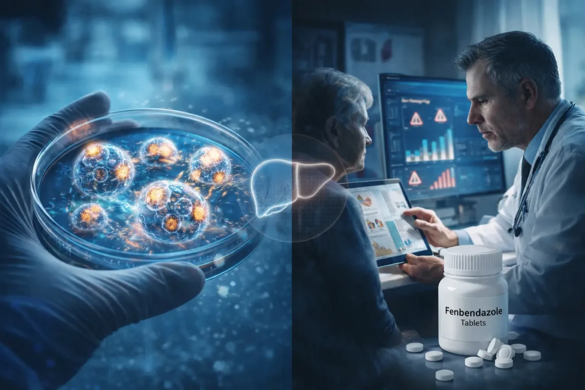 Medical illustration of antiparasitic cancer protocol combining laboratory research, drug mechanisms, and patient safety considerations in oncology