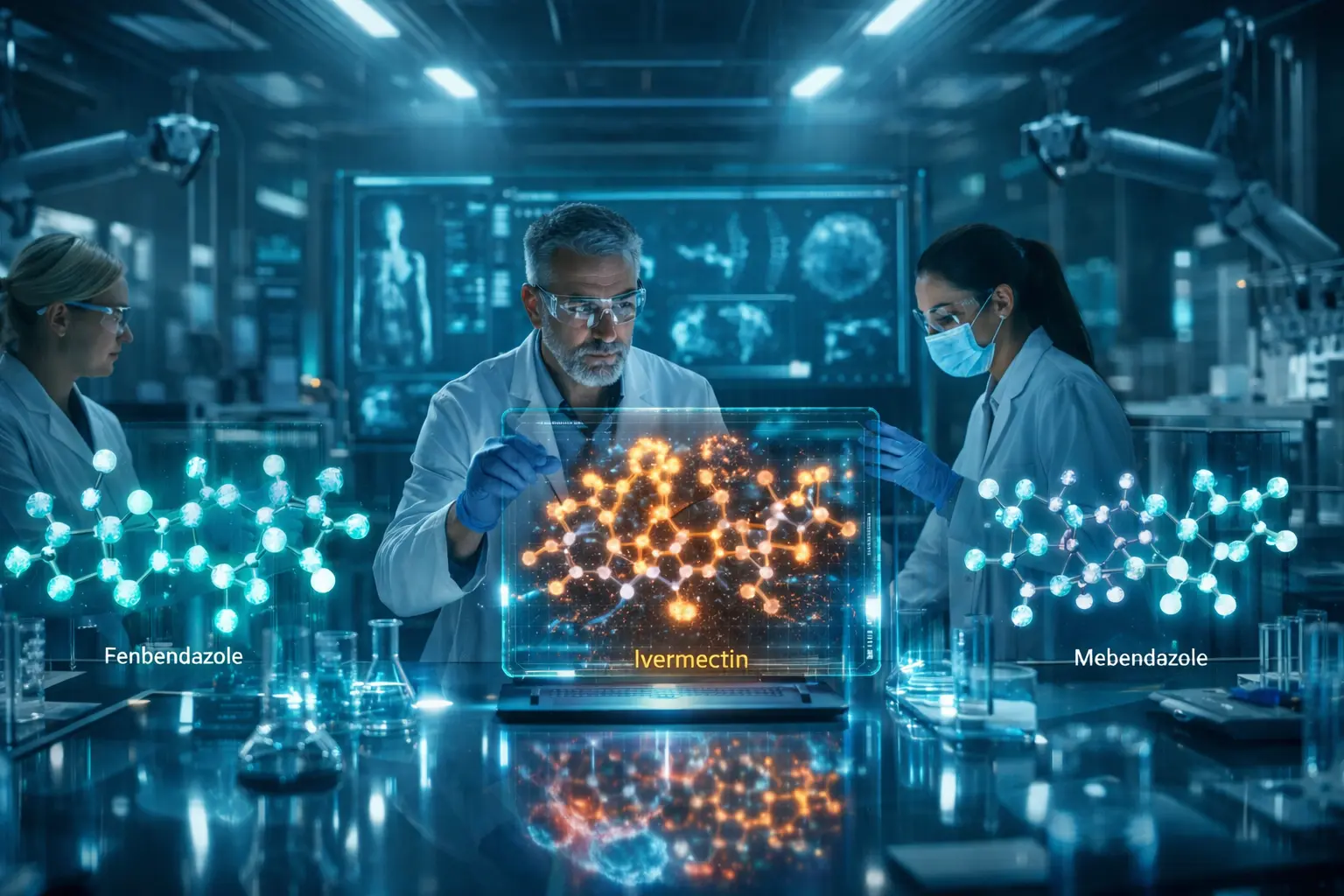 Medical illustration of antiparasitic cancer protocol combining laboratory research, drug mechanisms, and patient safety considerations in oncology