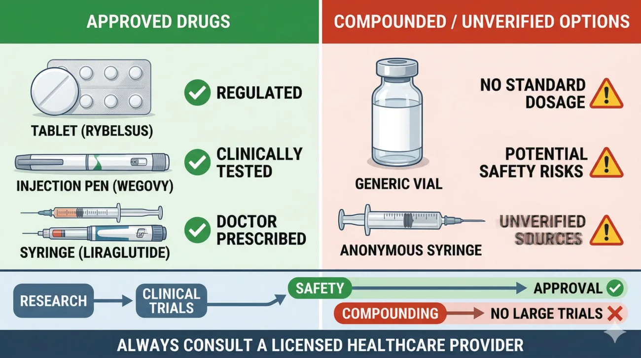 Infographic comparing approved Ozempic alternatives like Rybelsus and Wegovy with risks of compounded semaglutide