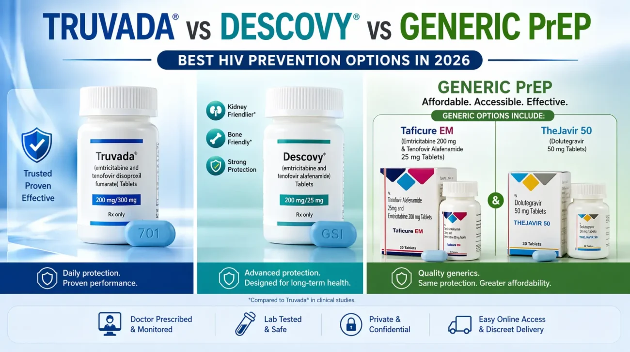 Truvada vs Descovy vs generic PrEP comparison showing Taficure EM and TheJavir tablets for HIV prevention