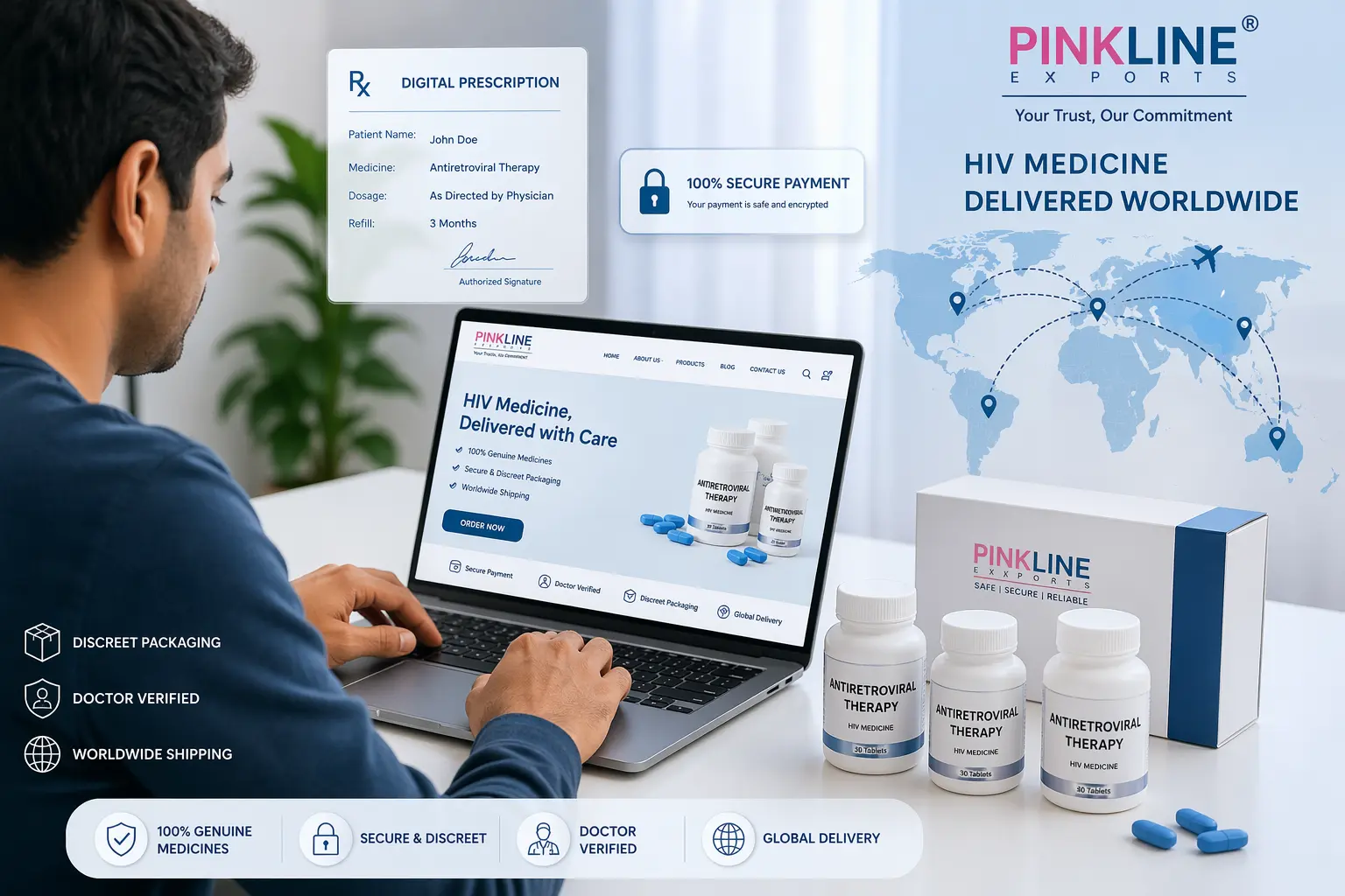 Patient ordering HIV medication online with digital prescription secure payment and worldwide shipping