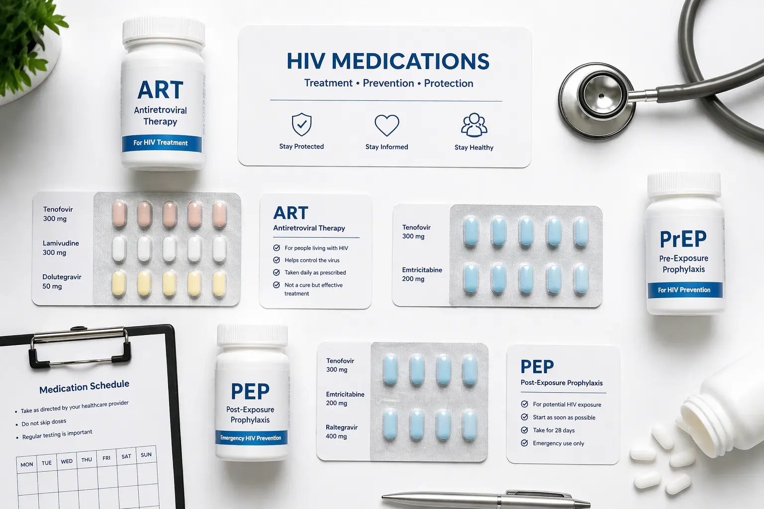 Flat lay of HIV medications including ART PrEP and PEP pill bottles and blister packs on white surface
