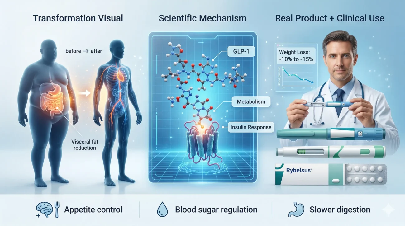 Semaglutide infographic featuring GLP-1 molecular structure, before and after weight loss transformation, doctor holding injection pen, and semaglutide products like Ozempic Wegovy and Rybelsus for diabetes and obesity treatment
