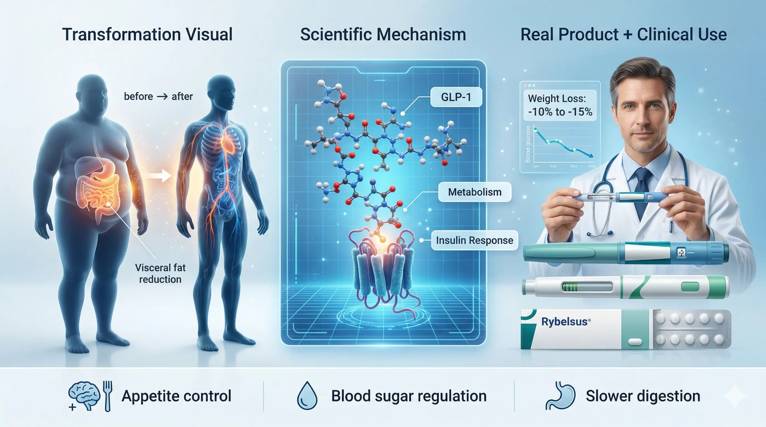 Semaglutide infographic featuring GLP-1 molecular structure, before and after weight loss transformation, doctor holding injection pen, and semaglutide products like Ozempic Wegovy and Rybelsus for diabetes and obesity treatment