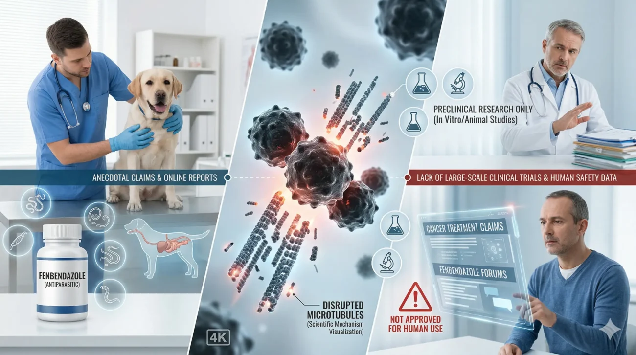 Fenbendazole cancer treatment concept infographic showing veterinary drug use, disrupted cancer cell microtubules, and warning about lack of human approval and clinical evidence