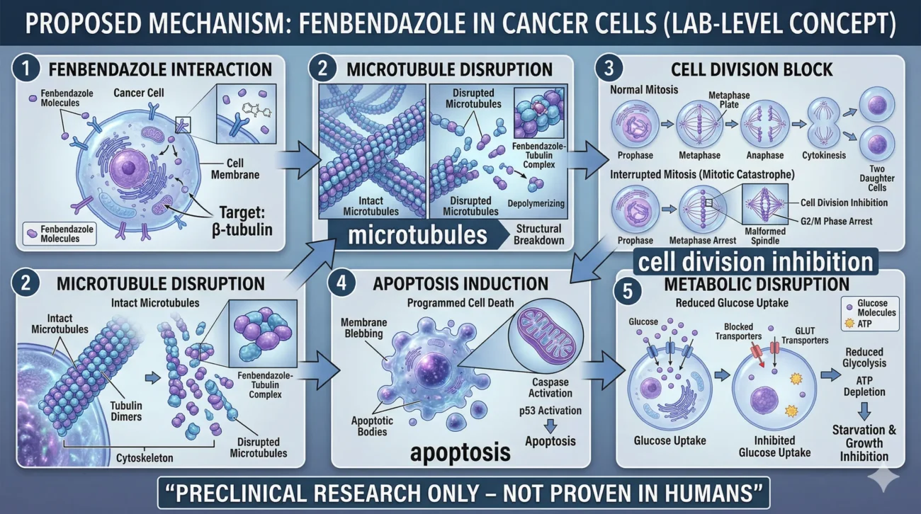 Scientific diagram illustrating fenbendazole mechanism in cancer cells including microtubule disruption, cell division inhibition, apoptosis, and metabolic interference in laboratory research