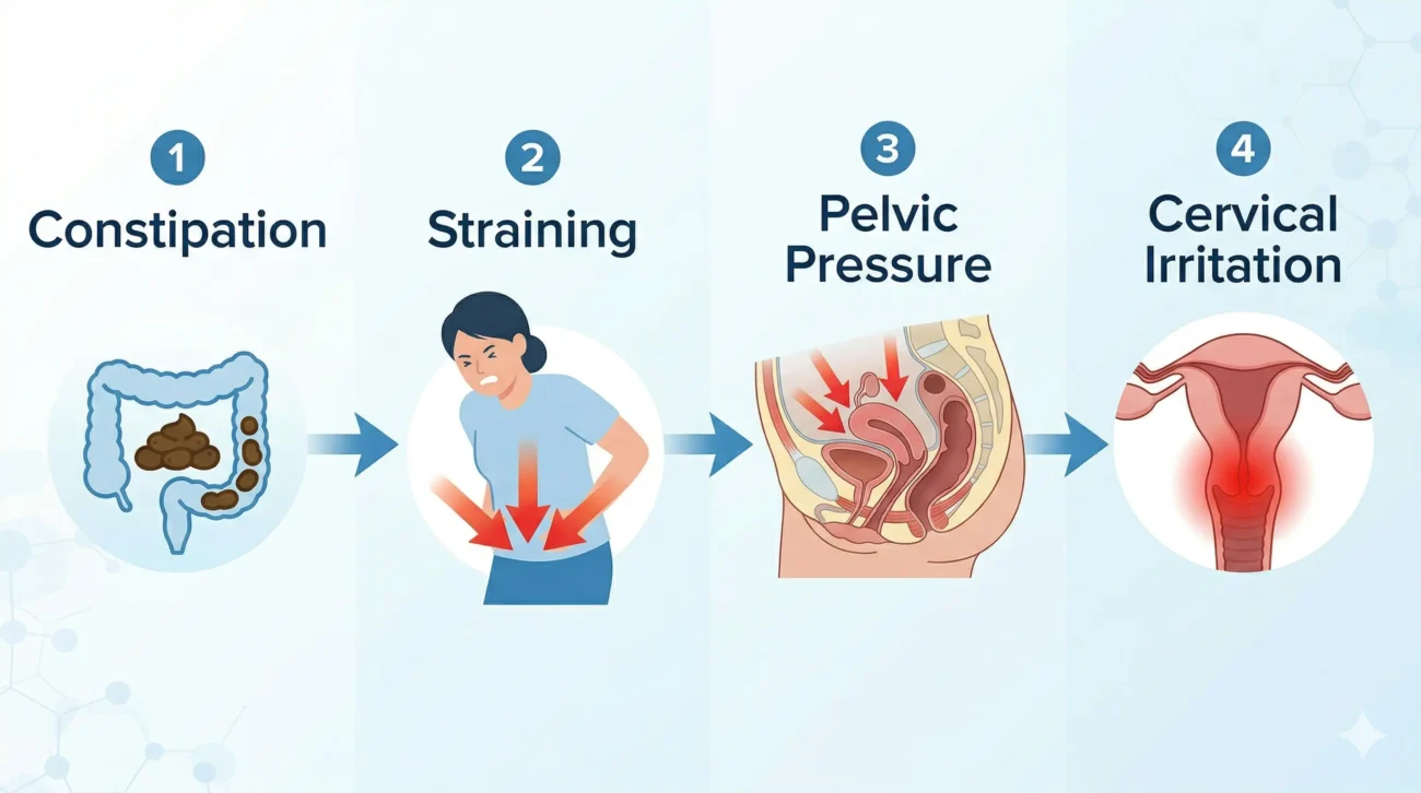 Infographic explaining how straining during bowel movement increases pelvic pressure leading to cervical irritation and bleeding
