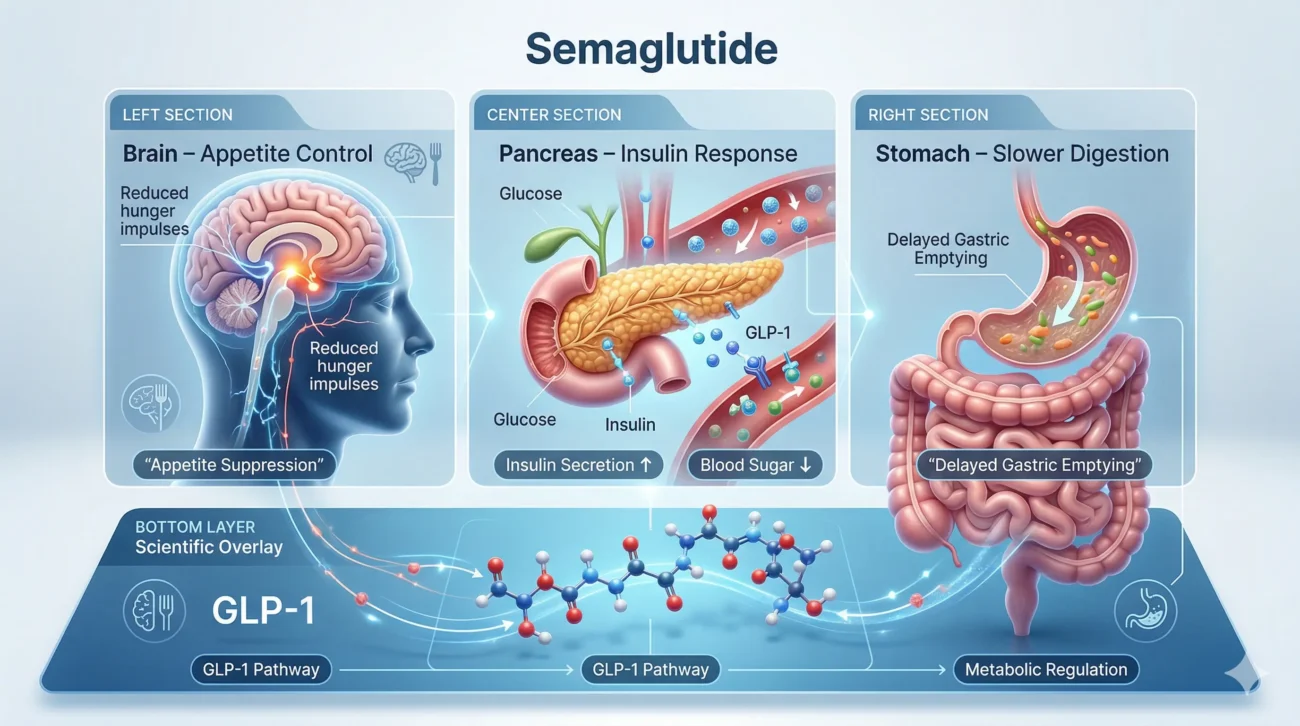 Semaglutide mechanism infographic showing GLP-1 action in the body, including brain appetite suppression, pancreas insulin response, and stomach delayed gastric emptying for blood sugar control and weight loss