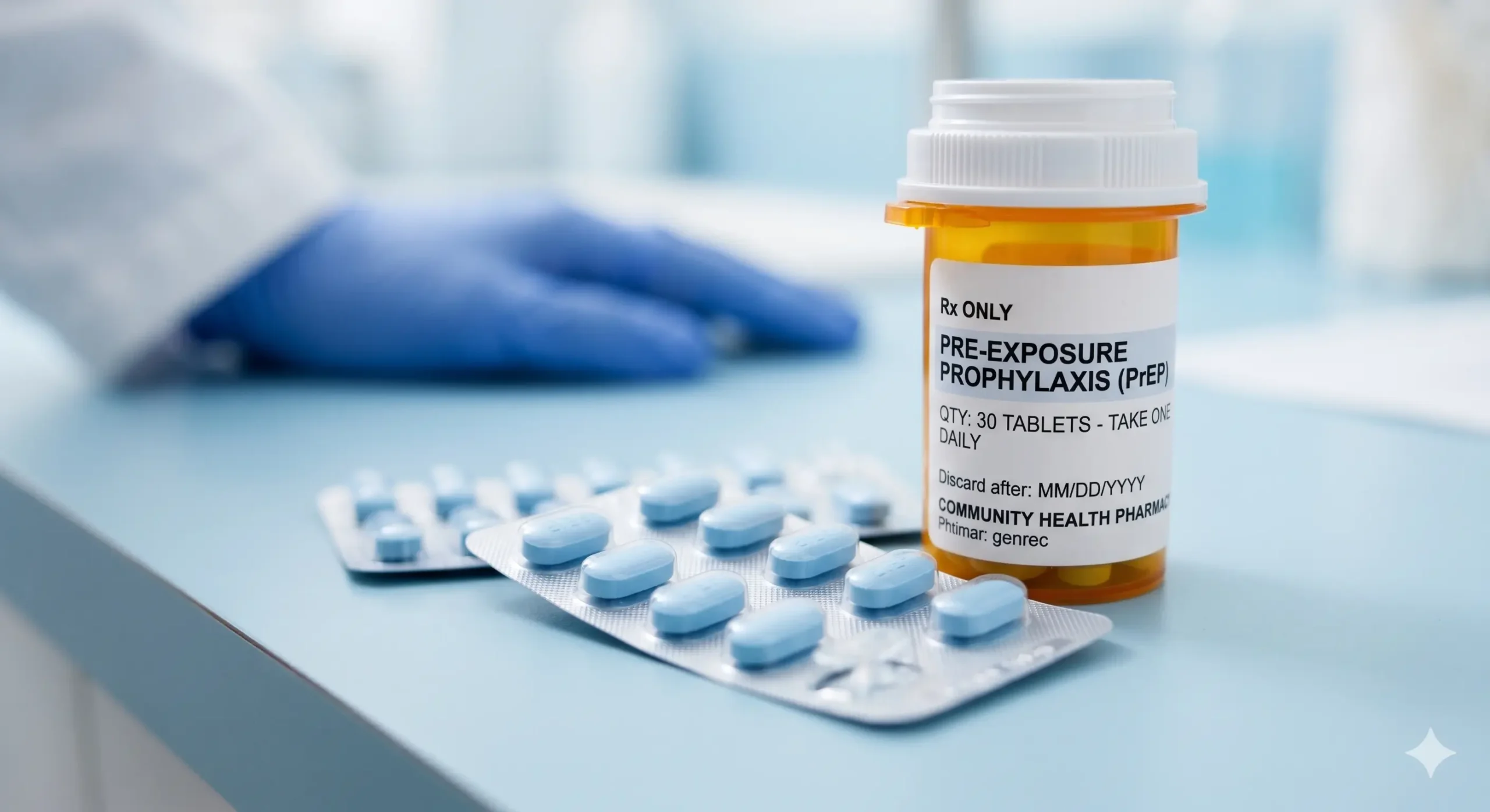 PrEP tablets blister pack and prescription bottle for HIV prevention medication