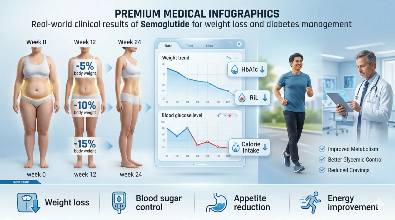 Semaglutide weight loss results infographic showing body transformation from week 0 to week 24 with 5 to 15 percent weight reduction, improved HbA1c levels, reduced calorie intake, and better metabolic health