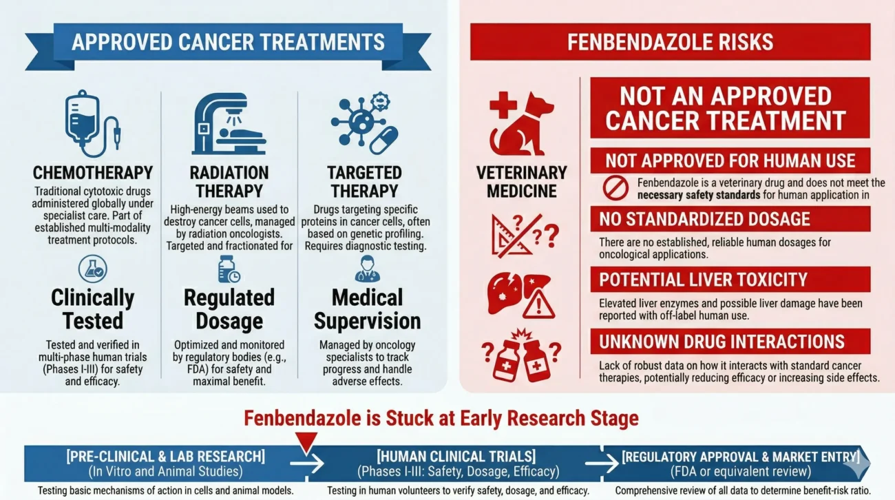 Infographic comparing approved cancer treatments like chemotherapy, radiation, and targeted therapy with fenbendazole risks including no human approval, unknown dosage, and potential liver toxicity