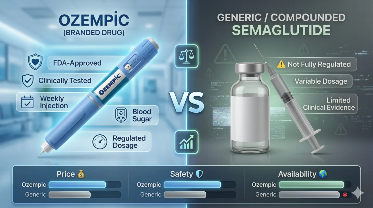 Comparison infographic showing Ozempic injection pen vs generic semaglutide vial with differences in safety, cost, and effectiveness