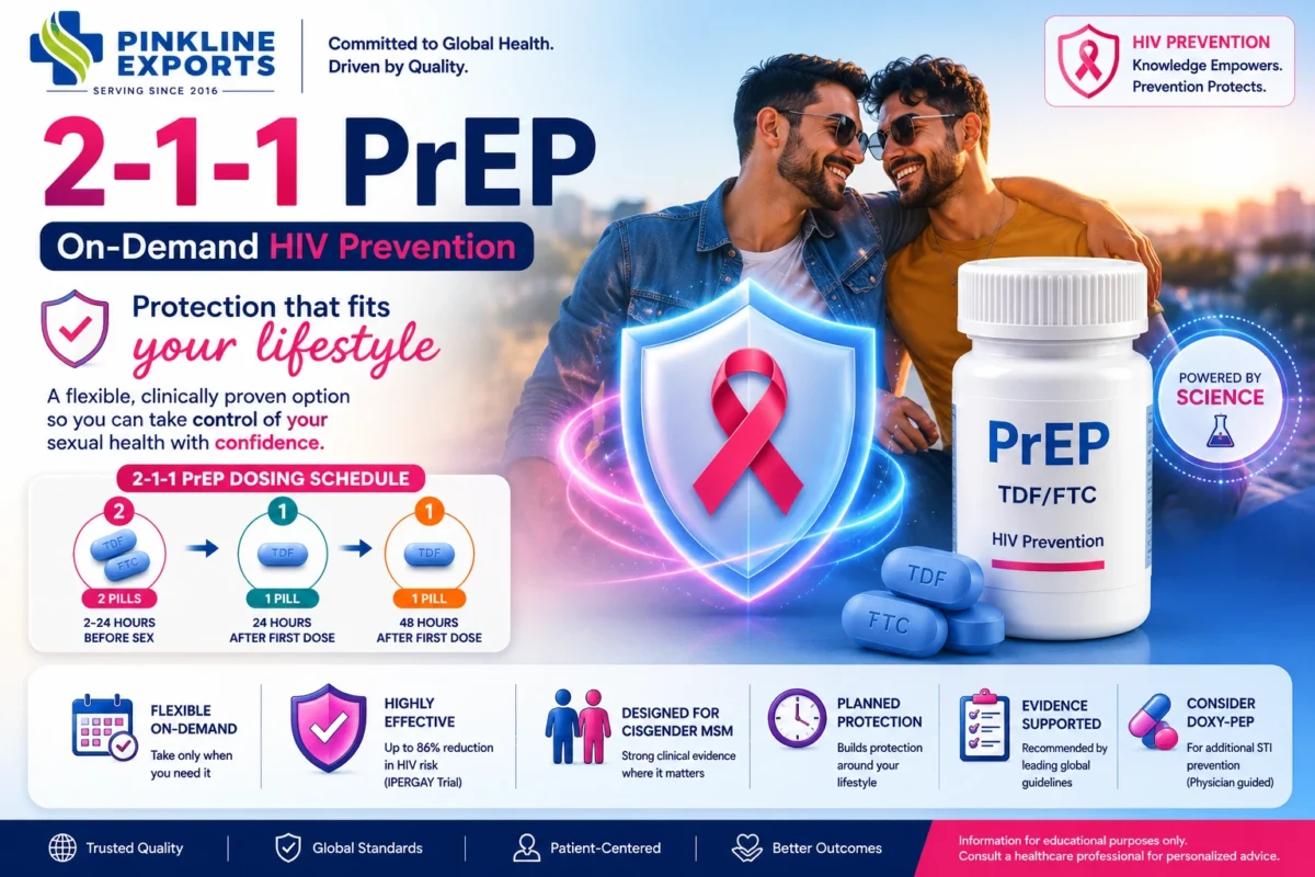 2-1-1 PrEP on-demand HIV prevention infographic showing event-driven dosing schedule, MSM HIV prevention guidance, clinical evidence, and prevention lifestyle education.