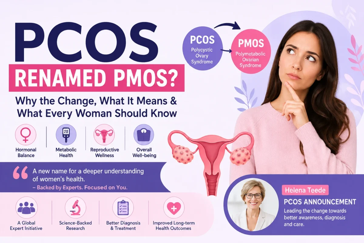 PCOS renamed PMOS infographic explaining the new proposed name for Polycystic Ovary Syndrome, including symptoms, hormonal health, metabolic effects, and expert insights on women’s health.