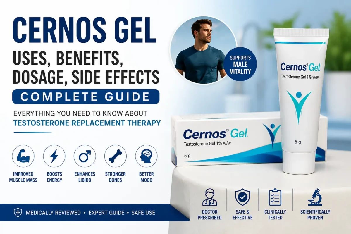 Cernos Gel guide featuring testosterone replacement therapy uses, benefits, dosage, side effects, and safe application for men with low testosterone.