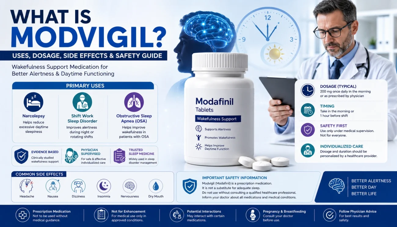 Featured medical infographic explaining Modvigil uses, dosage guidance, side effects, wakefulness support, and safety considerations for Modafinil-based therapy.