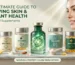 A woman with a radiant complexion displaying the top 5 essential supplements for glowing skin, including Vitamin C, Vitamin E, Collagen, and Omega-3.