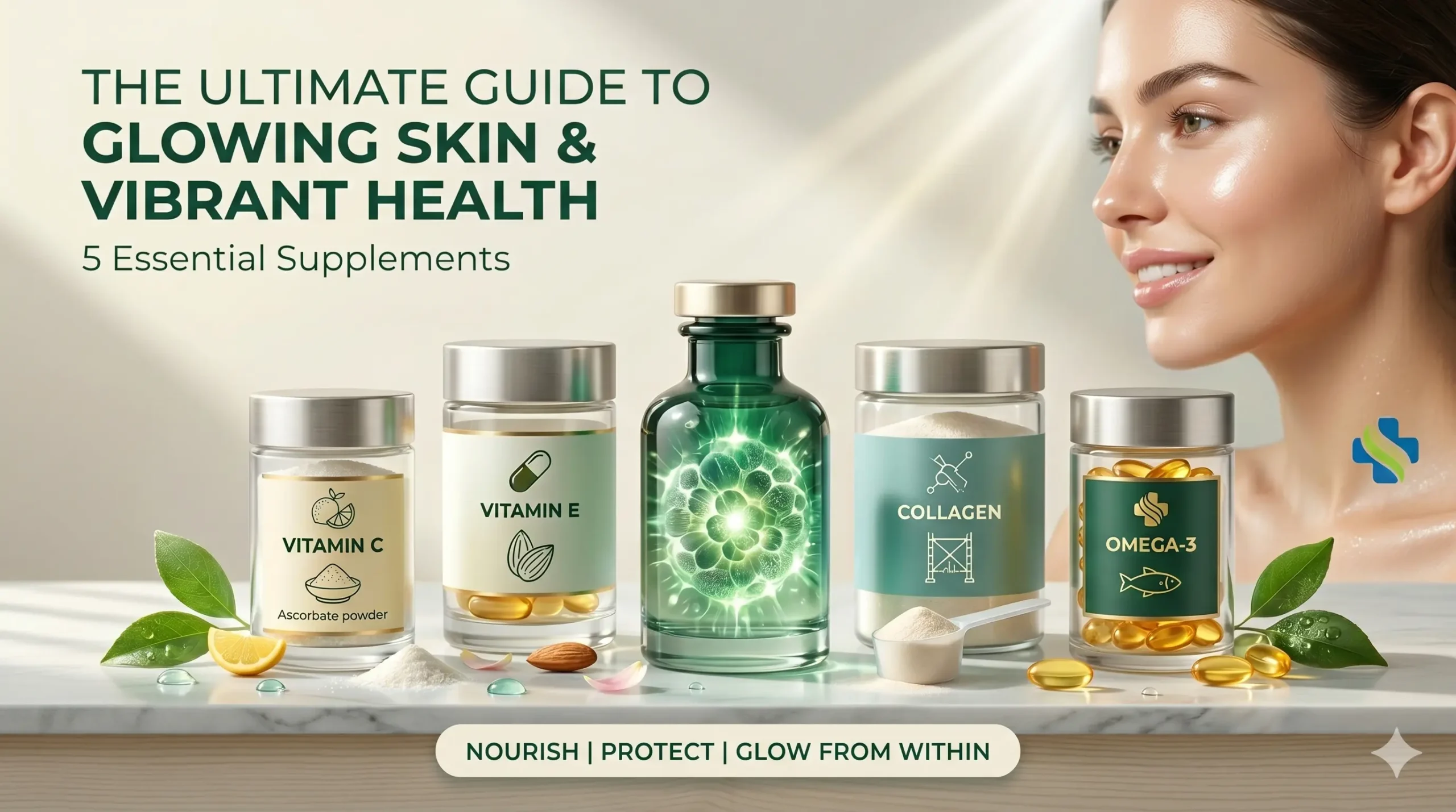 A woman with a radiant complexion displaying the top 5 essential supplements for glowing skin, including Vitamin C, Vitamin E, Collagen, and Omega-3.