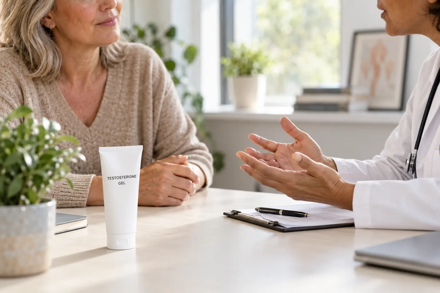 Illustration of a woman discussing testosterone therapy with a clinician beside an unbranded testosterone gel tube