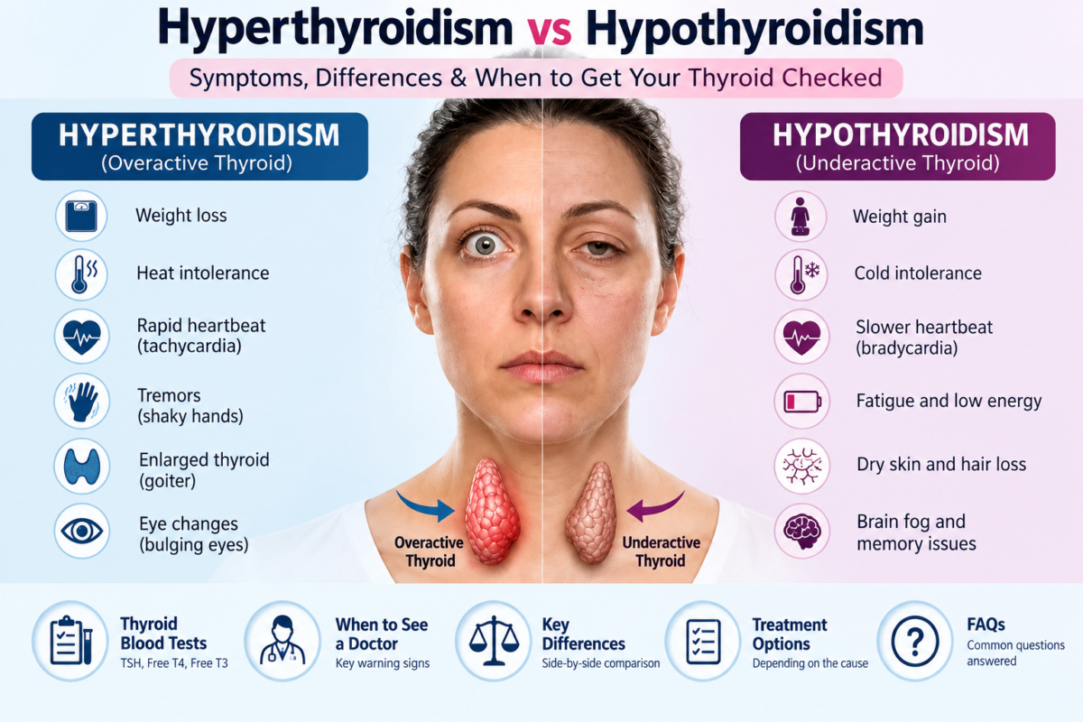 Hyperthyroidism vs hypothyroidism infographic comparing symptoms of overactive and underactive thyroid