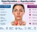 Hyperthyroidism vs hypothyroidism infographic comparing symptoms of overactive and underactive thyroid