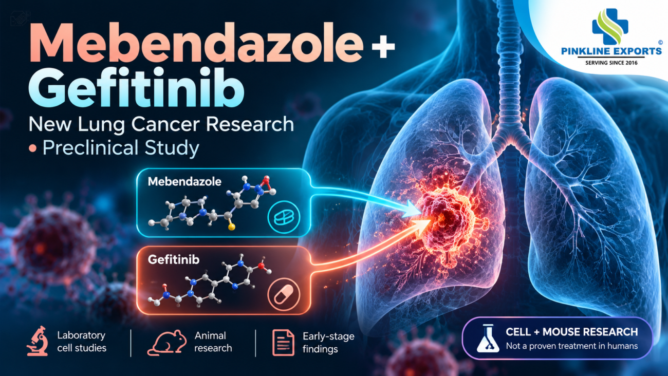 Pinkline Exports illustrated infographic on preclinical mebendazole and gefitinib research for drug-resistant lung cancer