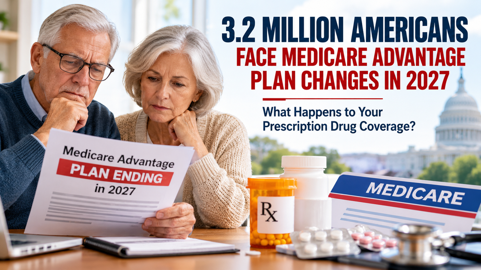 Older American couple reviewing Medicare Advantage plan changes and prescription drug coverage for 2027