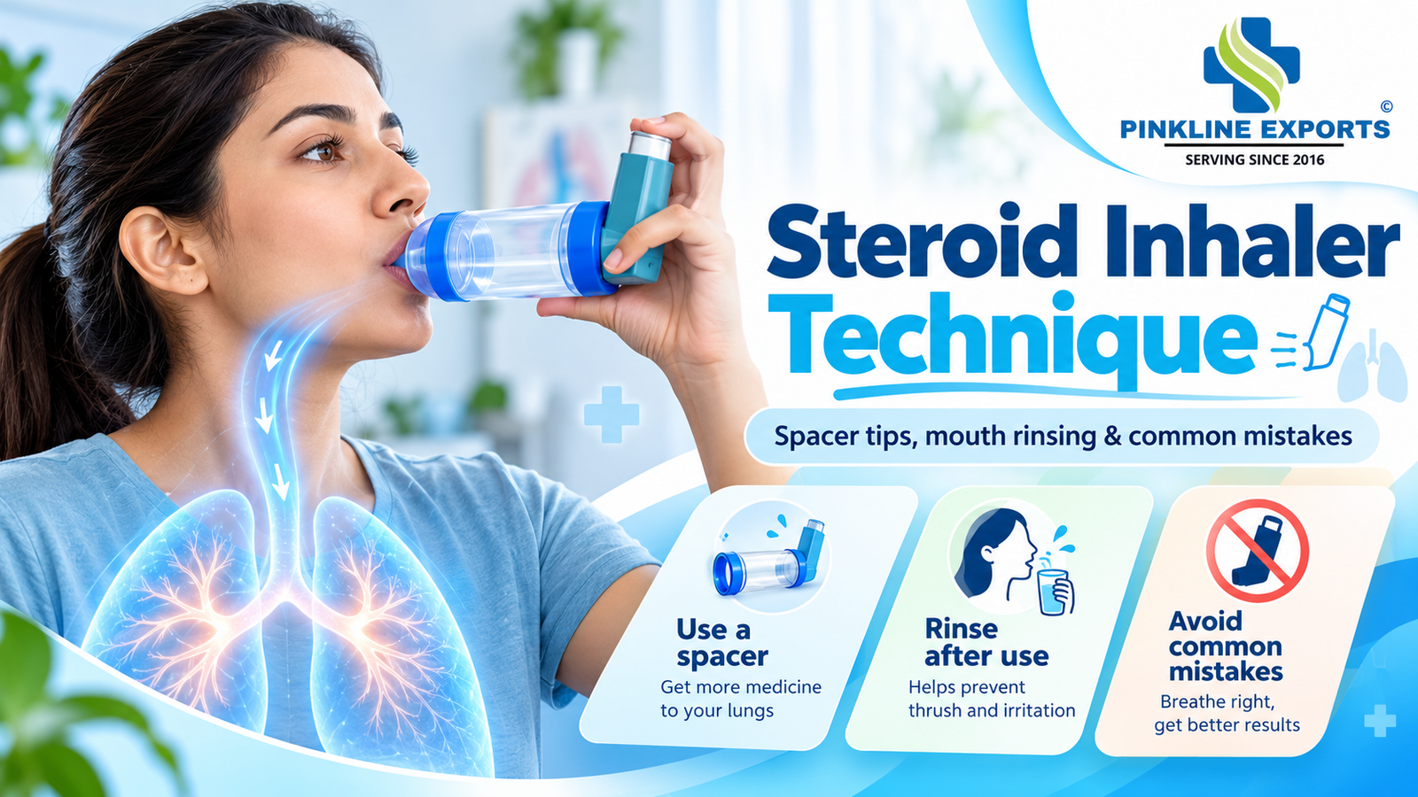 Pinkline Exports steroid inhaler technique guide showing spacer use, mouth rinsing and common mistakes