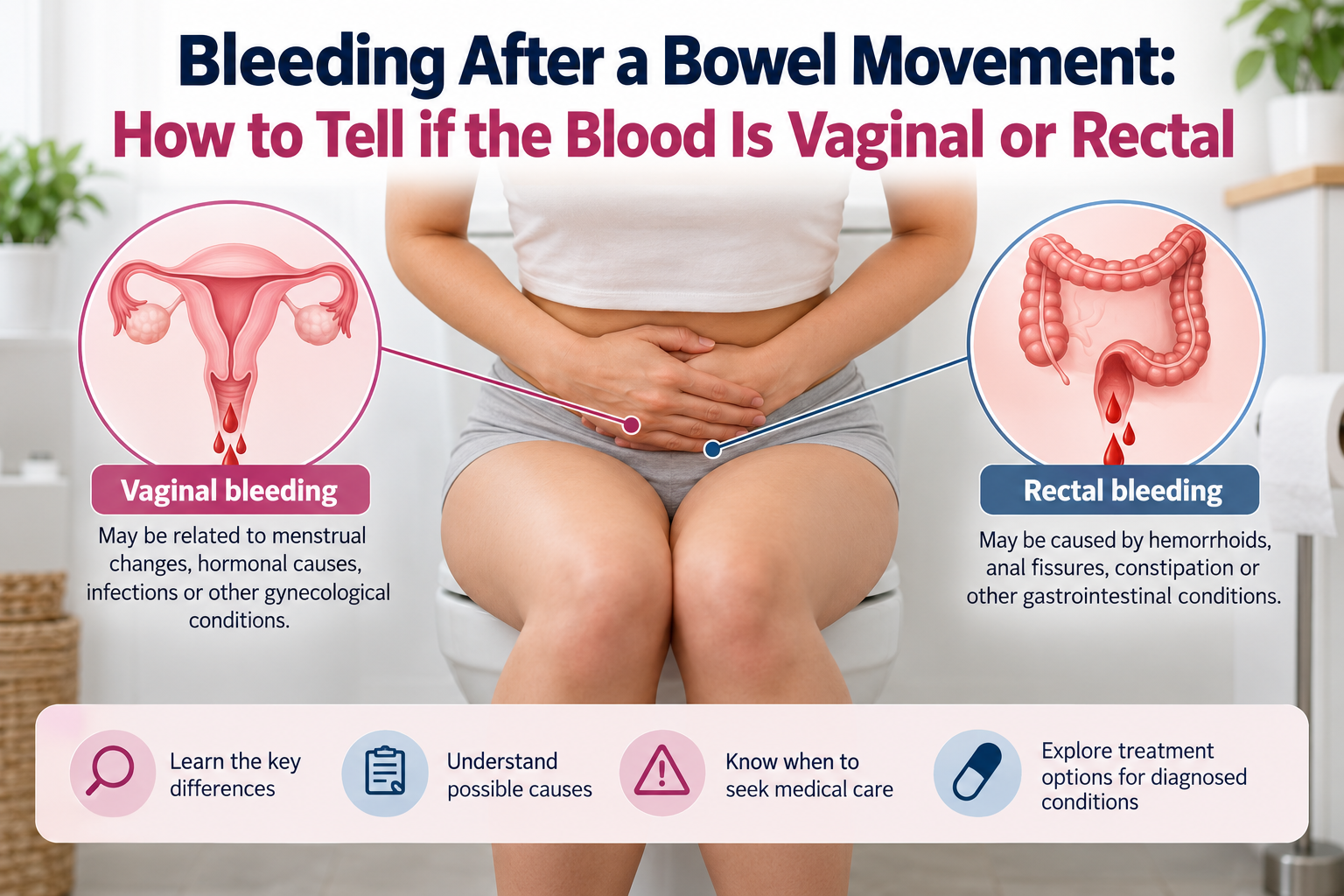Medical illustration explaining the difference between vaginal and rectal bleeding after a bowel movement